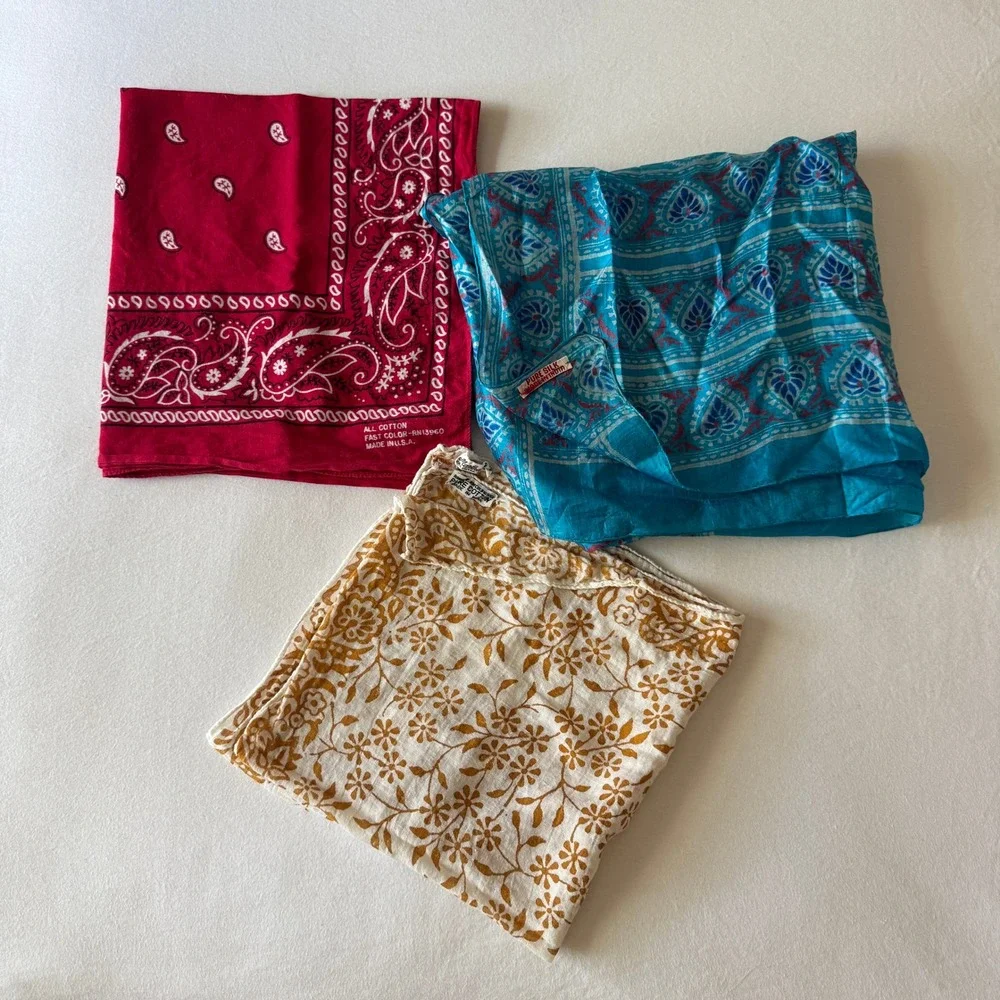 Vtg Scarf Bandana Lot 3 Pcs Mixed Prints Pure Cotton Silk Handkerchief Bundle